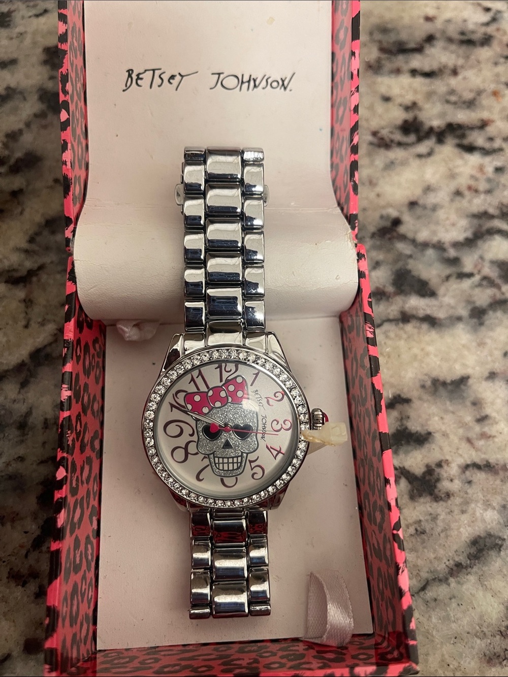 Betsey Johnson Silver Tone Watch with Pink Bow Skull Dial
